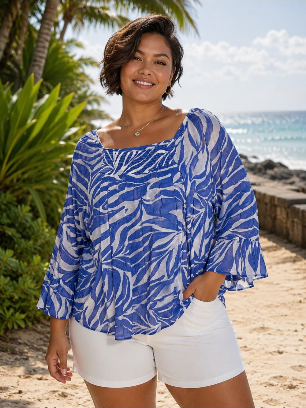 AVA & GRACE WOMENS BLUE & WHITE PEASANT TOP SMOCKED  BELL SLEEVES SIZE XL
